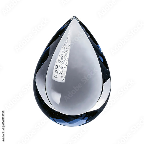 A captivating raindrop-shaped clear glass paperweight sculpture showcasing internal bubbles and a smooth, reflective surface, isolated on