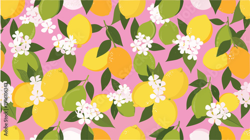 A pink background with a pattern of lemons limes leaves and white flowers in a repeated seamless design look