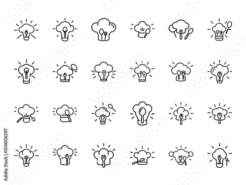 Creative Chef Hat and Light Bulb Icon Set – 25 Hand-Drawn Cooking Idea Illustrations in Minimal Line Art Style on White Background