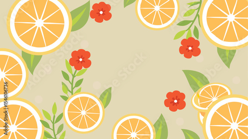 Illustration of orange slices with white rinds surrounded by green leaves and red flowers on a tan background