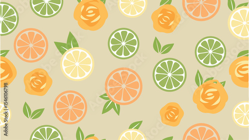 Seamless pattern featuring sliced citrus fruits and orange roses scattered on a light background color palette