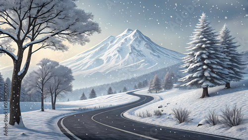 Winter landscape scenic road trip snowy mountain vista christmas holiday travel destination wallpaper