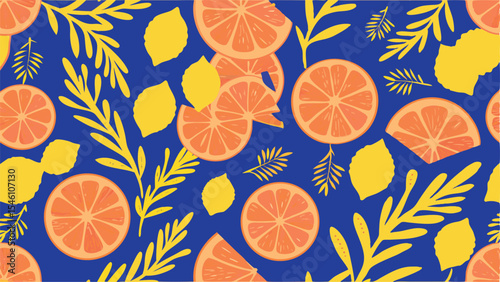 A vibrant pattern featuring orange slices, lemons, and leafy branches against a deep blue background design