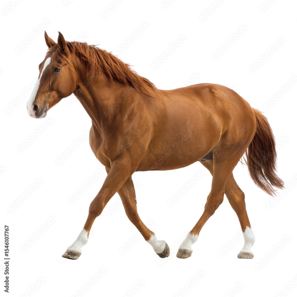Fototapeta premium Brown Horse Walking Gracefully on White Background with Flowing Mane and Strong Build