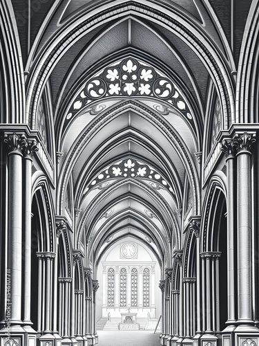 Gothic decorated arcade painting. Grey scale illustration of ornamented triforium