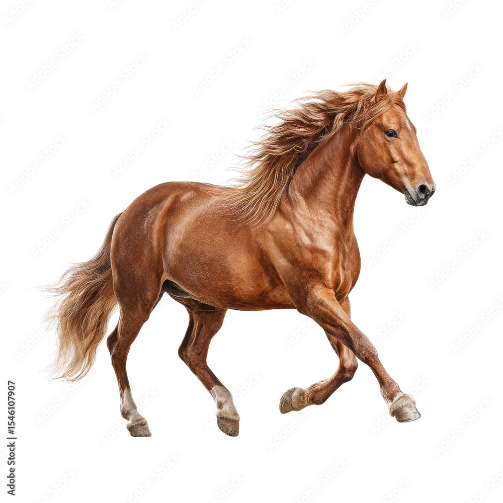 Fototapeta premium Majestic chestnut horse running gracefully across lush green field, showcasing its strength and beauty in natural environment