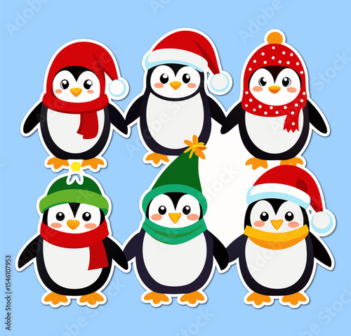 Festive Penguins Holding Hands Wearing Winter Hats and Scarves on Light Blue Background