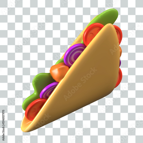 Triangular tortilla with vegetables and meat. Realistic taco top view. Mexican dish