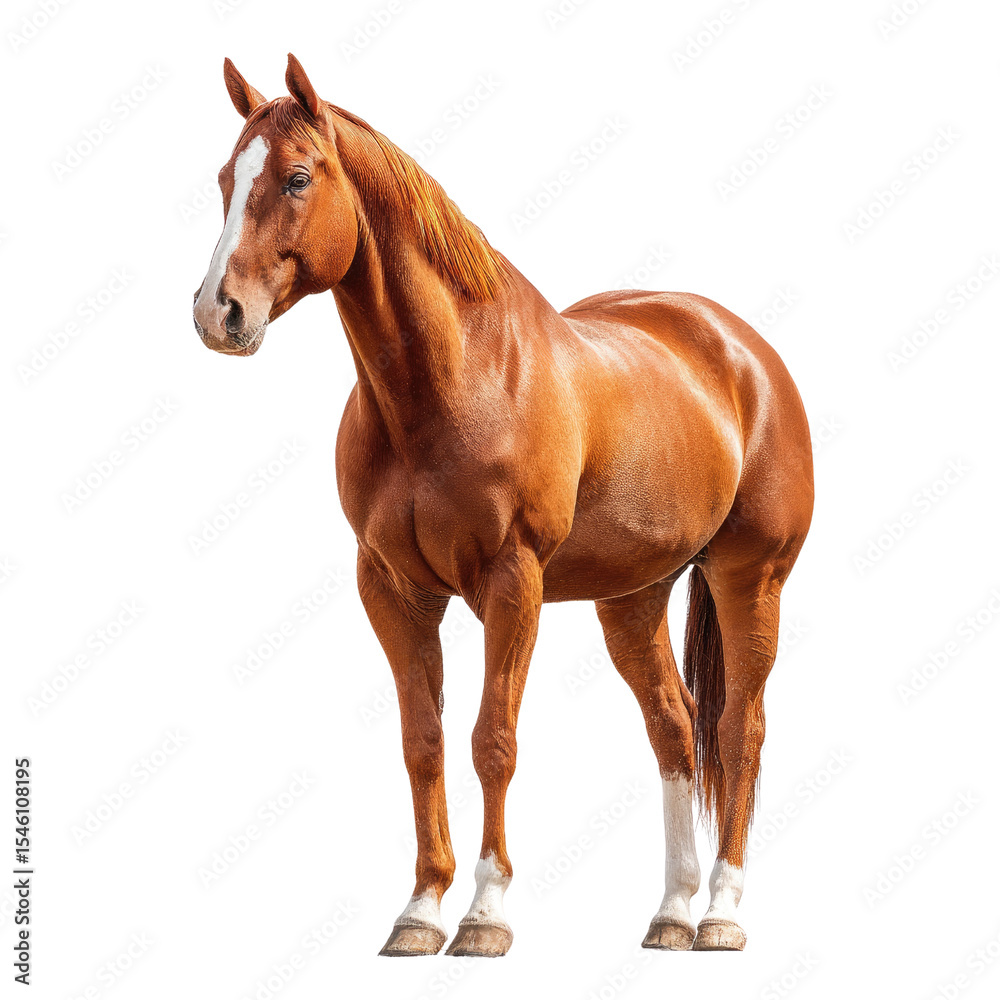 Obraz premium Majestic chestnut horse standing proudly in natural light, showcasing strength and beauty in a serene setting