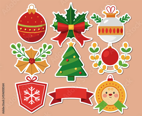 Festive Christmas Sticker Collection with Ornaments Tree Holly and Ribbon