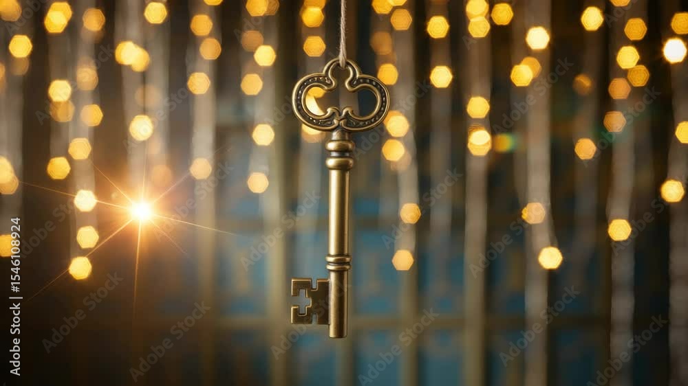 Antique Skeleton Key Suspended Against Bokeh Lights Background Antique Skeleton Key Suspended Against Bokeh Lights Background