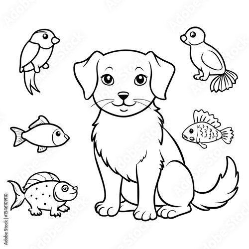 Cute pet animals coloring page with dog, cat, fish, hamster, parrot, and turtle