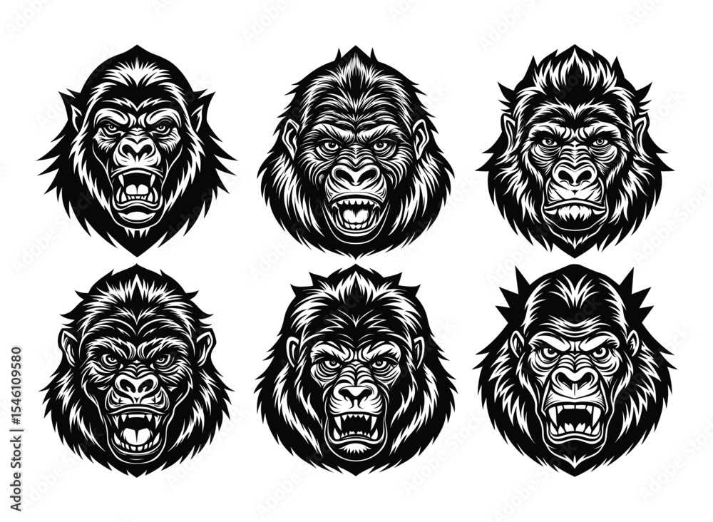 Fototapeta premium Gorilla with earring in sunglasses - outline cut out silhouette. Ape, monkey head character mascot white backround 