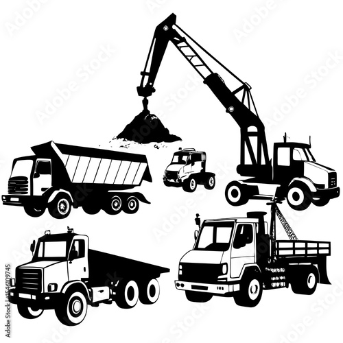 Construction vehicles coloring page with crane, dump truck, excavator, cement truck, bulldozer, and barriers