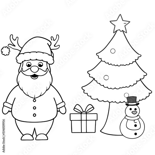Christmas coloring page with Santa, reindeer, snowman, gift box, tree, and stocking