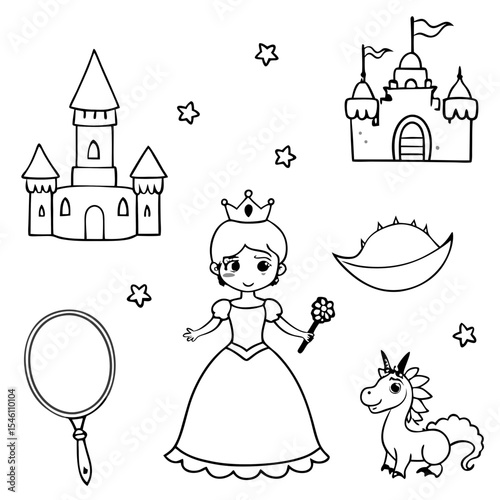 Fairy tale coloring page with castle, princess, dragon, magic wand, crown, and mirror