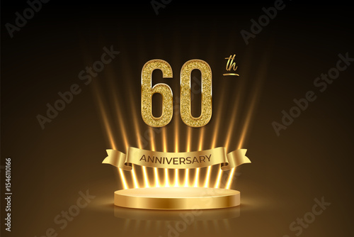 Sixteenth anniversary gold award podium. 60 years celebration birthday or jubilee golden vector background. Luxury stage with glowing rays, glittering number 60, ribbon with text anniversary on black.