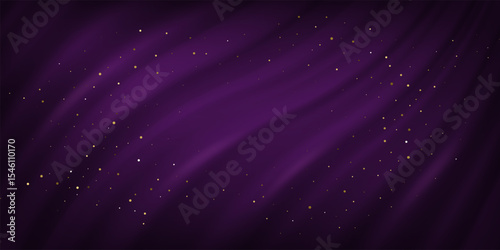 Purple silk fabric luxury background with golden dust. Wavy satin cloth texture backdrop for product display or award ceremony. Elegant realistic vector illustration.