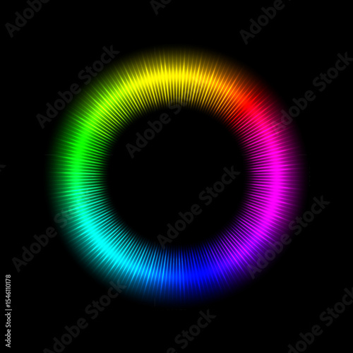 Glowing color ring. Vibrant circular spectrum with radial light beams on black background. Neon rainbow wheel for digital art, color theory, design, technology. Abstract vector illustration.