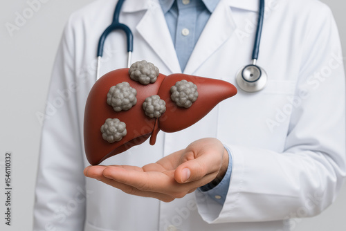 Liver cancer doctor holding medical model of liver with tumors showing impact of cancer on organ in clinical setting with stethoscope