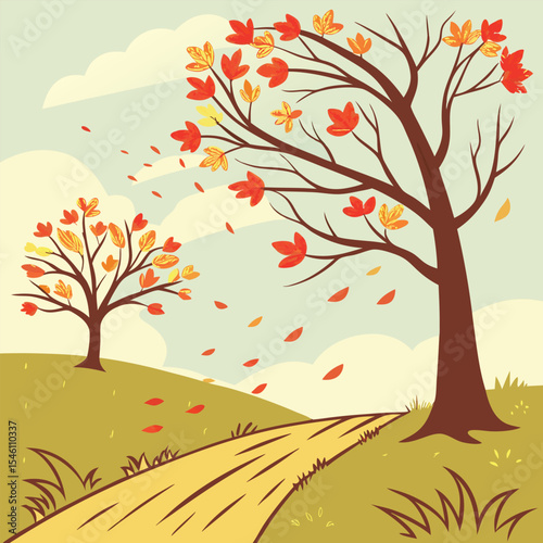 Autumnal Scene Trees, Leaves, and a Winding Road