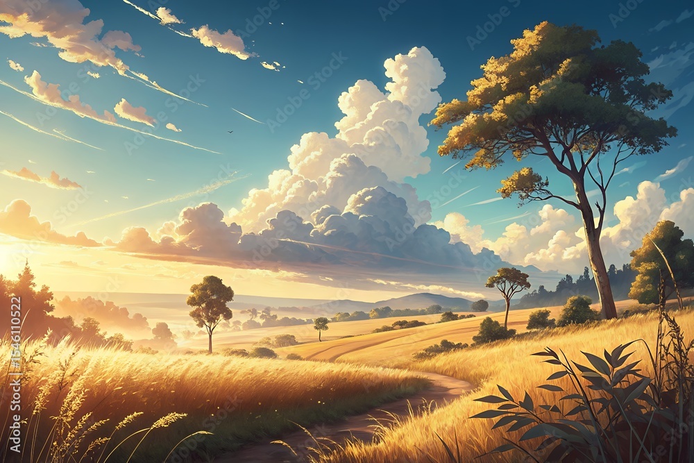 Fototapeta premium Serene summer sunset over golden wheat field with rolling hills and lush trees