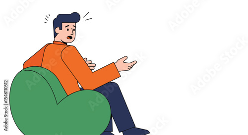 A Man Sitting in a Green Beanbag Chair Shocked and Pointing to Something