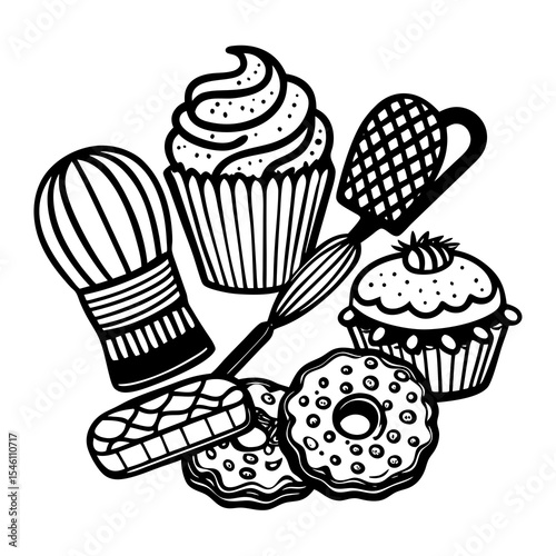Bakery coloring page with cupcakes, donuts, cookies, oven mitt, whisk, and rolling pin