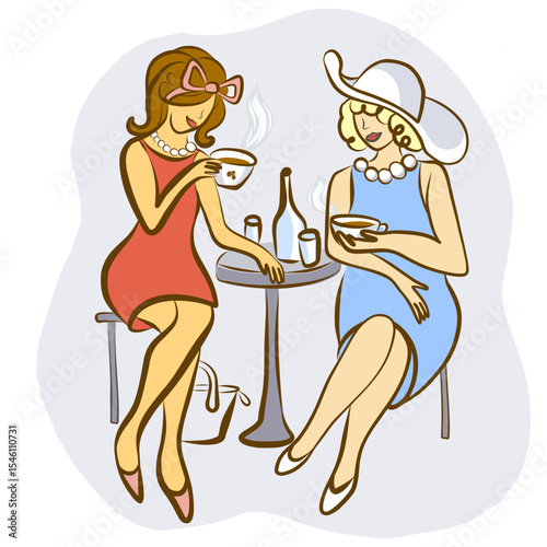 Two pretty girls friends drinking coffee. Girl with elegant hat, red and blue dress. Hand drawn vector clip art, cards.