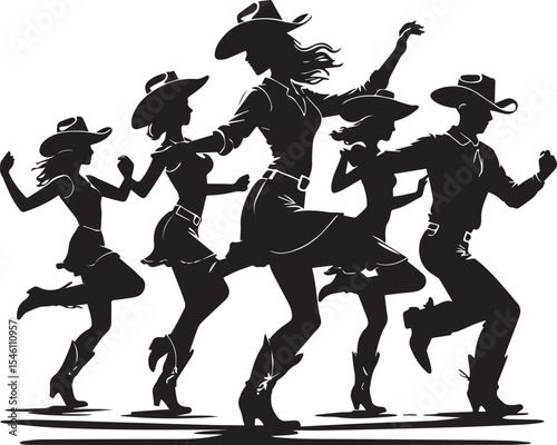 Silhouette illustration featuring five figures engaged in a lively dance
