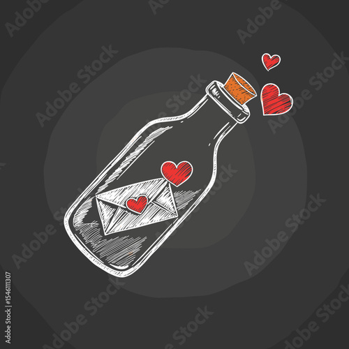 Message in a bottle with hearts and handwritten letter design  