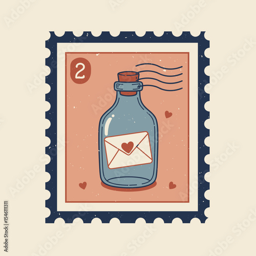 Vintage stamp featuring a bottle with a love letter inside  