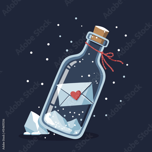 Message in a bottle with love letter and ice on dark background  