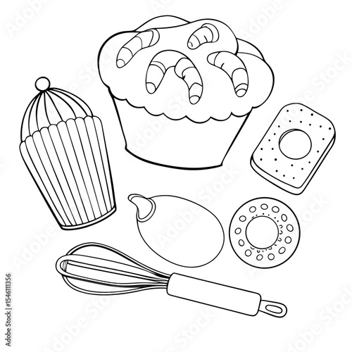 Bakery coloring page with cupcakes, donuts, cookies, oven mitt, whisk, and rolling pin