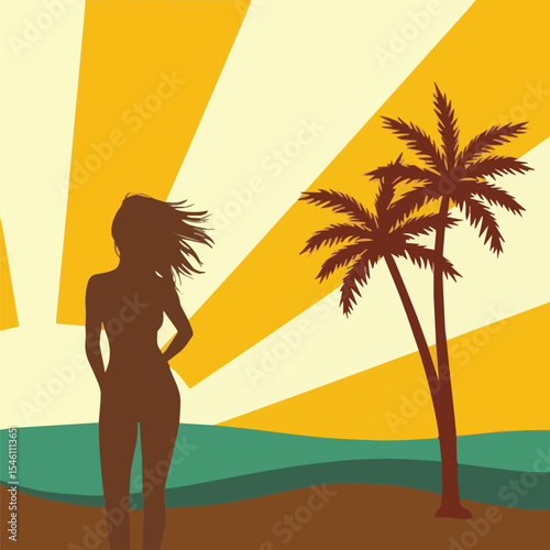 A silhouette of a person on the left side, Women silhouette against the ocean and palm trees