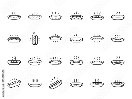 Hand-Drawn Glowing Hot Dog Icon Set – Minimalist Line Art Style with Steam and Light Rays on White Background, Ideal for Fast Food, Restaurant Menu, Snack Bar, BBQ, and Culinary Design Concepts