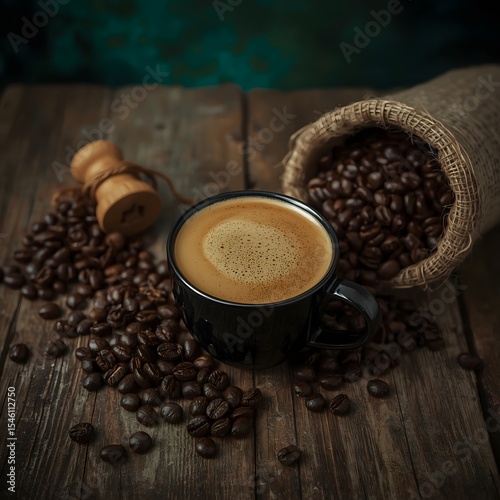 cup of coffee with beans in a wooden table