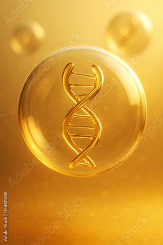golden DNA Helix in Glass Bubble – Commercial Biotech Visualization with Depth and Elegance