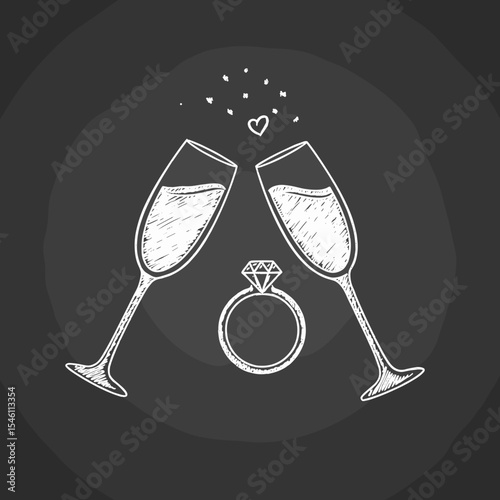 Champagne glasses clinking with engagement ring and love symbols  