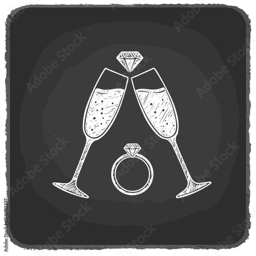 Glasses of champagne with diamond ring illustration on black background  
