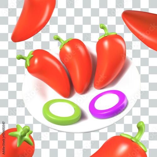 Bright peppers on plate, radishes. Stuffed vegetables. Appetizing raw dish