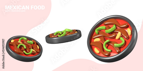 Black round frying pan in different positions. Hot vegetable casserole with spices, sauce, vegetable