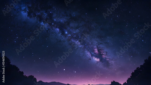 Majestic starry night sky background with visible galaxy and shooting stars, deep blue and purple hues, high-resolution space scene, dreamy and serene mood.