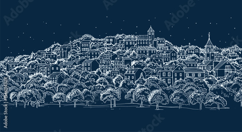 Illuminated Village Under Starry Night Sky an Exquisite Panorama of Dreamy Landscapes