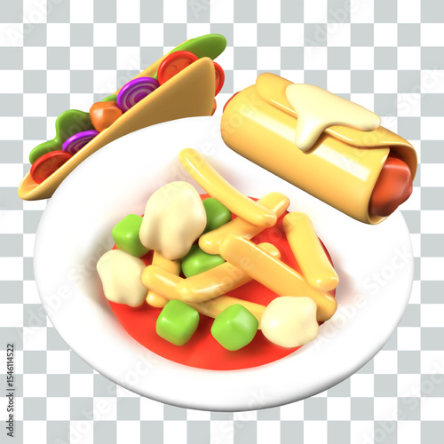 Realistic plate with vegetable soup, quesadilla, taquitos. Vector creative culinary composition