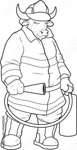 Bull Firefighter Fire extinguisher Animal Vector Graphic Art Illustration