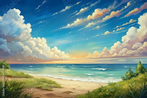 Serene summer seascape tranquil beach scene with lush green vegetation and cloudy sky