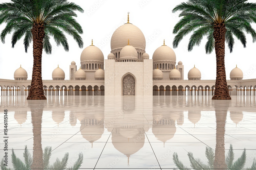 Naklejka premium Pixel Art Mosque Reflection Grand White Structure with Palm Trees