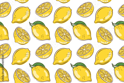 Seamless lemon pattern with whole and sliced yellow lemon on white background in flat style. Perfect for summer citrus fruit design, kitchen wallpaper, textile, packaging and healthy food theme.