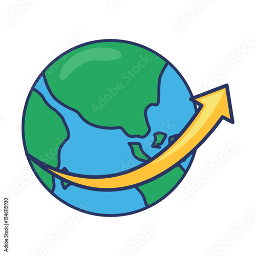 Global Growth Icon – Flat Earth Illustration with Upward Arrow Representing International Business and Expansion